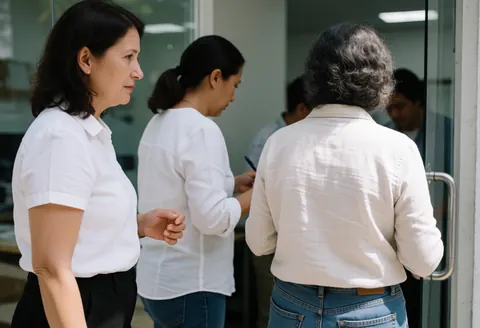 A woman guides another colleague through a modern office space near a glass door, bathed in natural light, showcasing a professional and collaborative coworking environment.