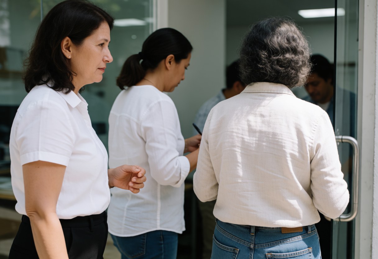 A woman guides another colleague through a modern office space near a glass door, bathed in natural light, showcasing a professional and collaborative coworking environment.