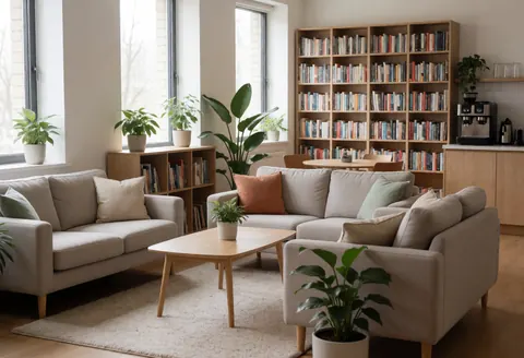 A comfortable coworking lounge space featuring a sofa, coffee bar, bookshelf, and plants near large windows