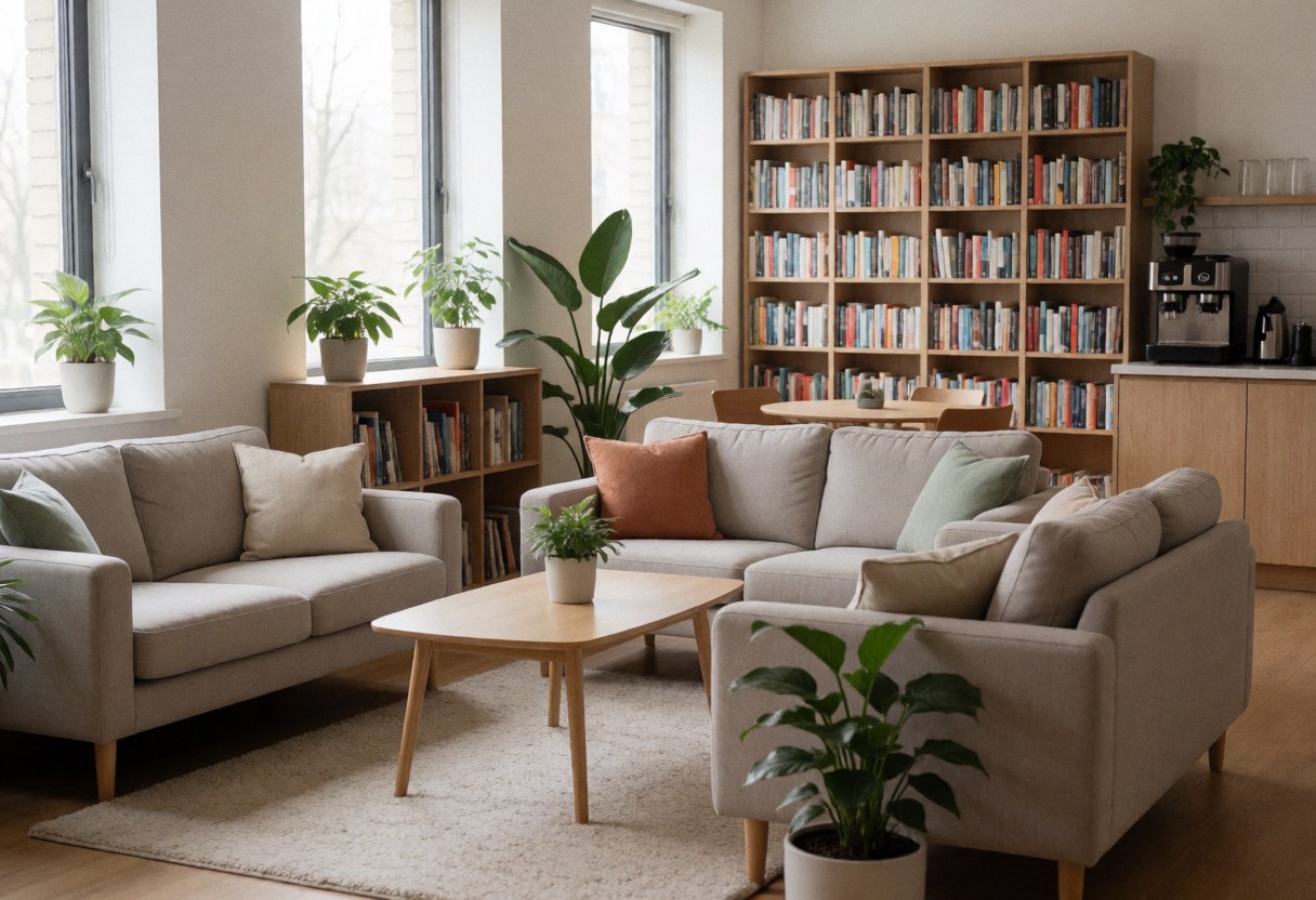 A comfortable coworking lounge space featuring a sofa, coffee bar, bookshelf, and plants near large windows
