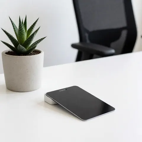Modern access device on a white desk next to a potted succulent in a minimalist coworking office
