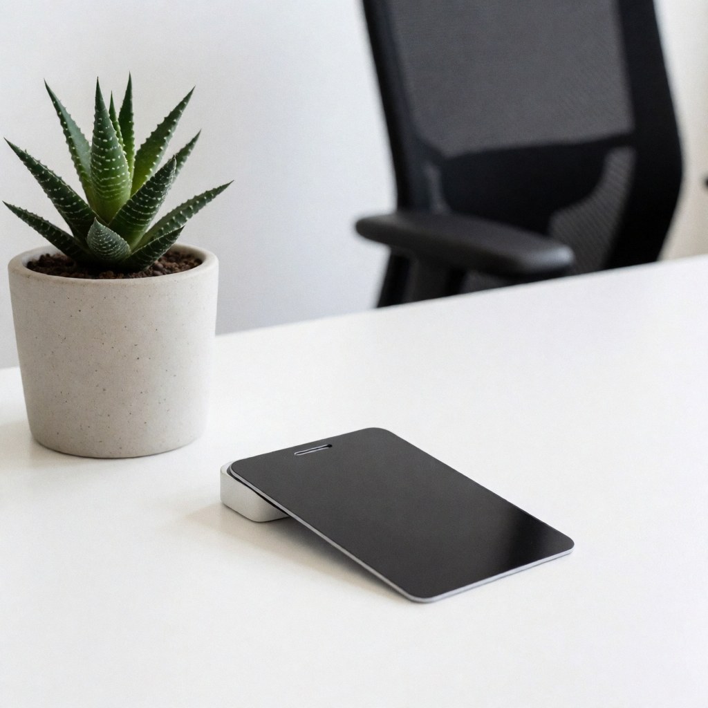 Modern access device on a white desk next to a potted succulent in a minimalist coworking office