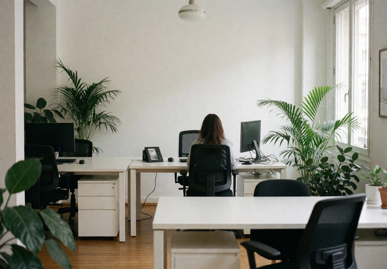 Bright modern accounting office interior featuring white desks, green plants, and a person working on a computer near a window.