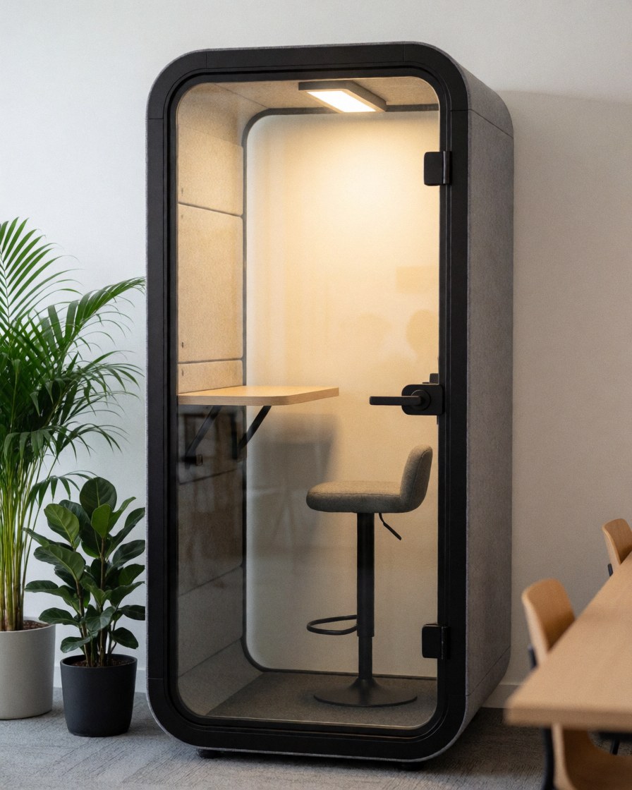 Private acoustic booth with desk and chair in a coworking space, featuring warm lighting, a plant, and modern minimalist design for focused work.