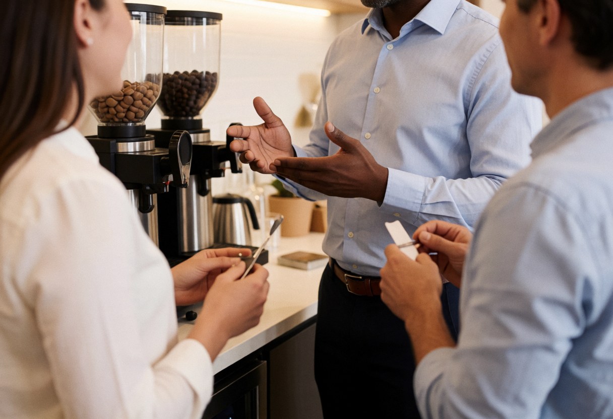 Three people in a coworking cafe, one gesturing while others listen and take notes, with visible coffee machines and beans in a warm professional setting