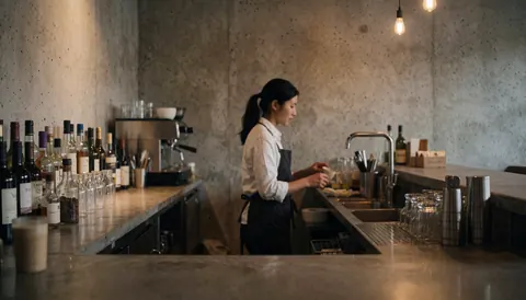 A barista preparing drinks behind a bar counter with concrete walls, warm lighting, and professional bar tools in a calm atmosphere.