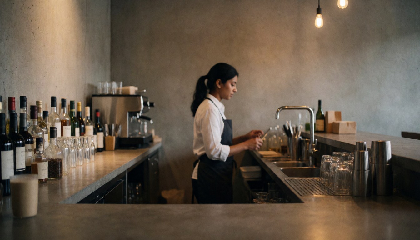 A barista preparing drinks behind a bar counter with concrete walls, warm lighting, and professional bar tools in a calm atmosphere.