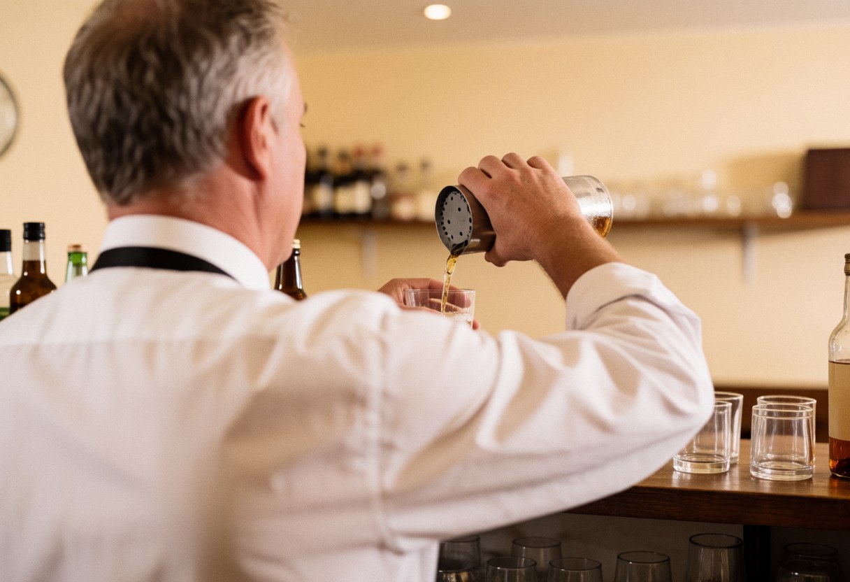 Bartender pouring a beverage into a glass behind a bar counter with warm lighting and a blurred beige background