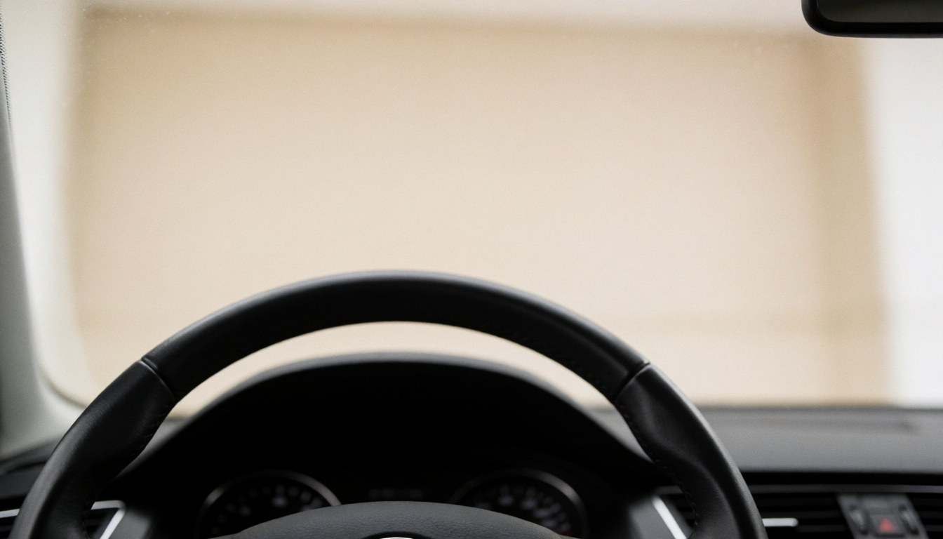 Soft focus view of a European car dashboard and steering wheel, providing a clean neutral background suitable for text overlay in driving school materials.