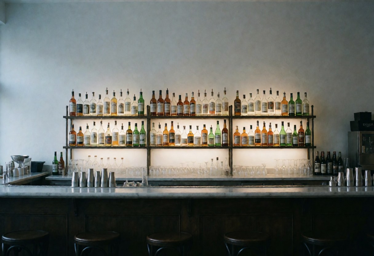 A clean and modern bar interior with wooden counter, glassware, and bottles ready for service before opening