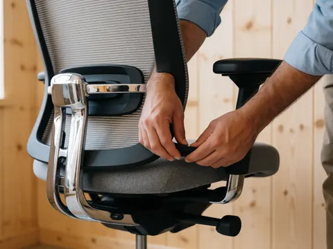 Close-up of hands adjusting the backrest of a modern ergonomic chair in a coworking space