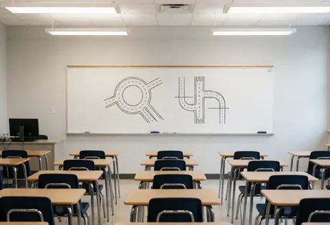 Empty driving school classroom featuring tables, chairs, and a chalkboard with traffic road diagrams against light gray walls under fluorescent lighting.
