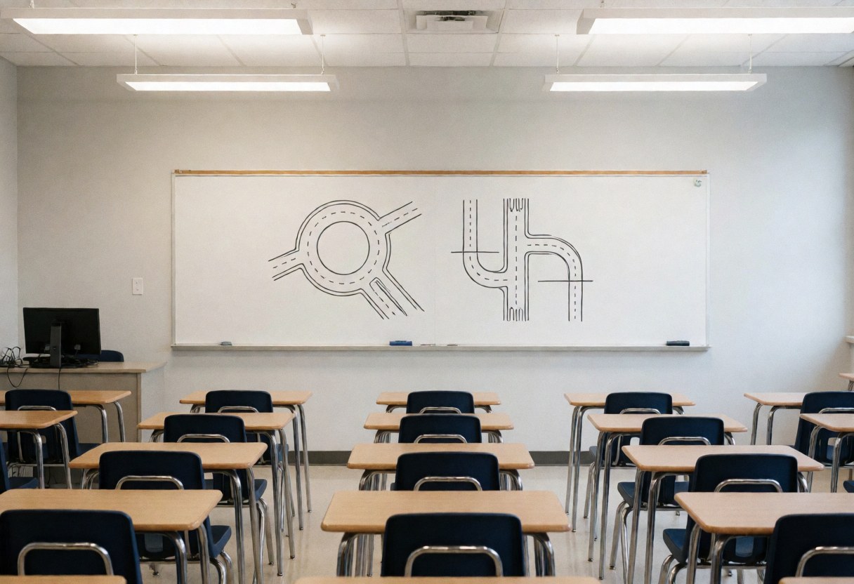 Empty driving school classroom featuring tables, chairs, and a chalkboard with traffic road diagrams against light gray walls under fluorescent lighting.