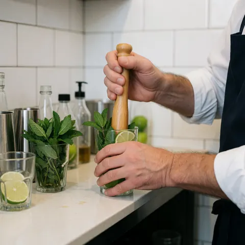 Close-up of a bartender's hands preparing a mojito cocktail with fresh mint and ice in a glass on a wooden bar top.