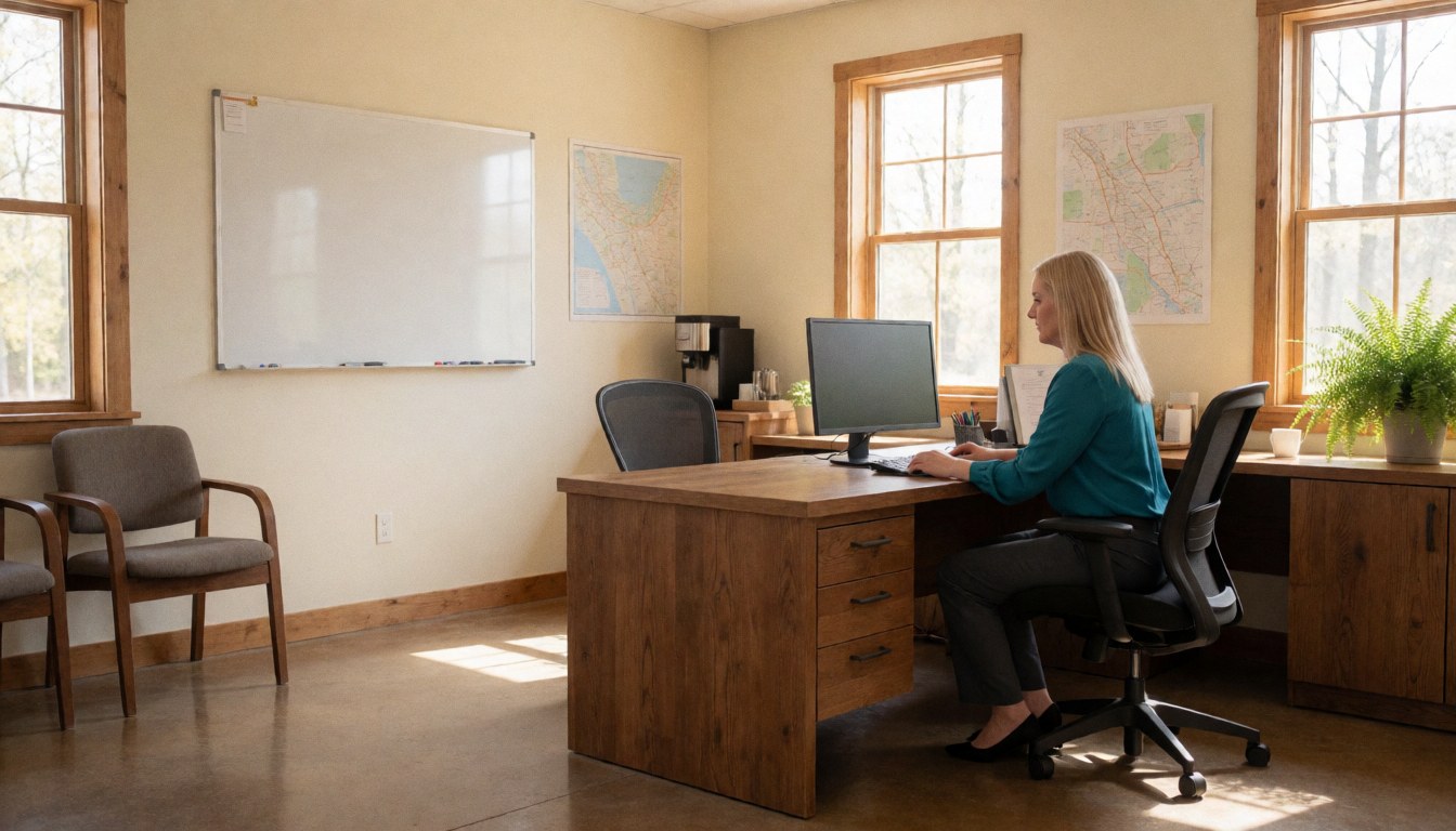 A woman works at a wooden desk in a bright community office featuring a whiteboard, local map, coffee station, and plants with polished concrete floors.