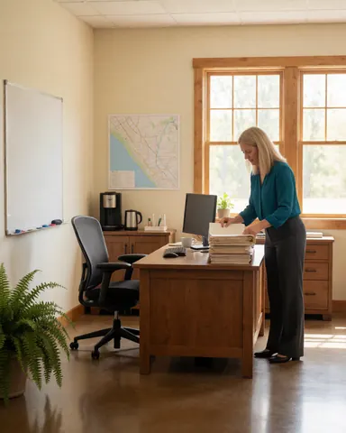 A woman organizes documents on a wooden desk in a bright community office with natural light, a map, and a coffee cup, reflecting teamwork and productivity.