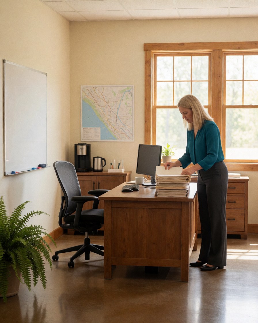 A woman organizes documents on a wooden desk in a bright community office with natural light, a map, and a coffee cup, reflecting teamwork and productivity.