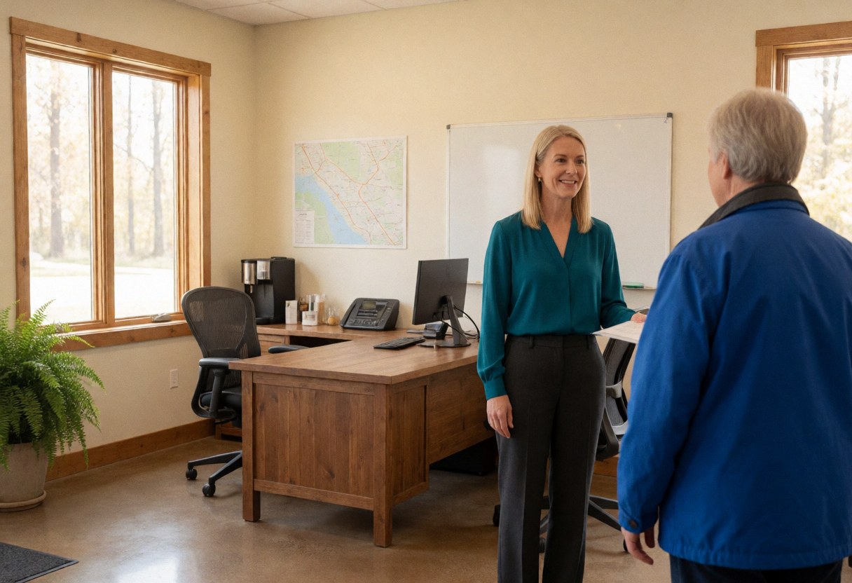 A woman helps a client review a map and floor plan at a desk in a bright community office with natural light and a warm professional atmosphere.