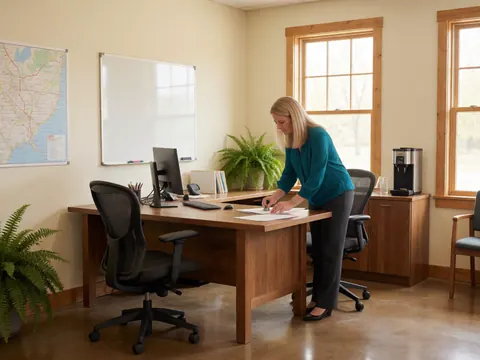 A woman signs documents at a wooden desk in a community office with a map, whiteboard, and plant. Natural light fills the room.