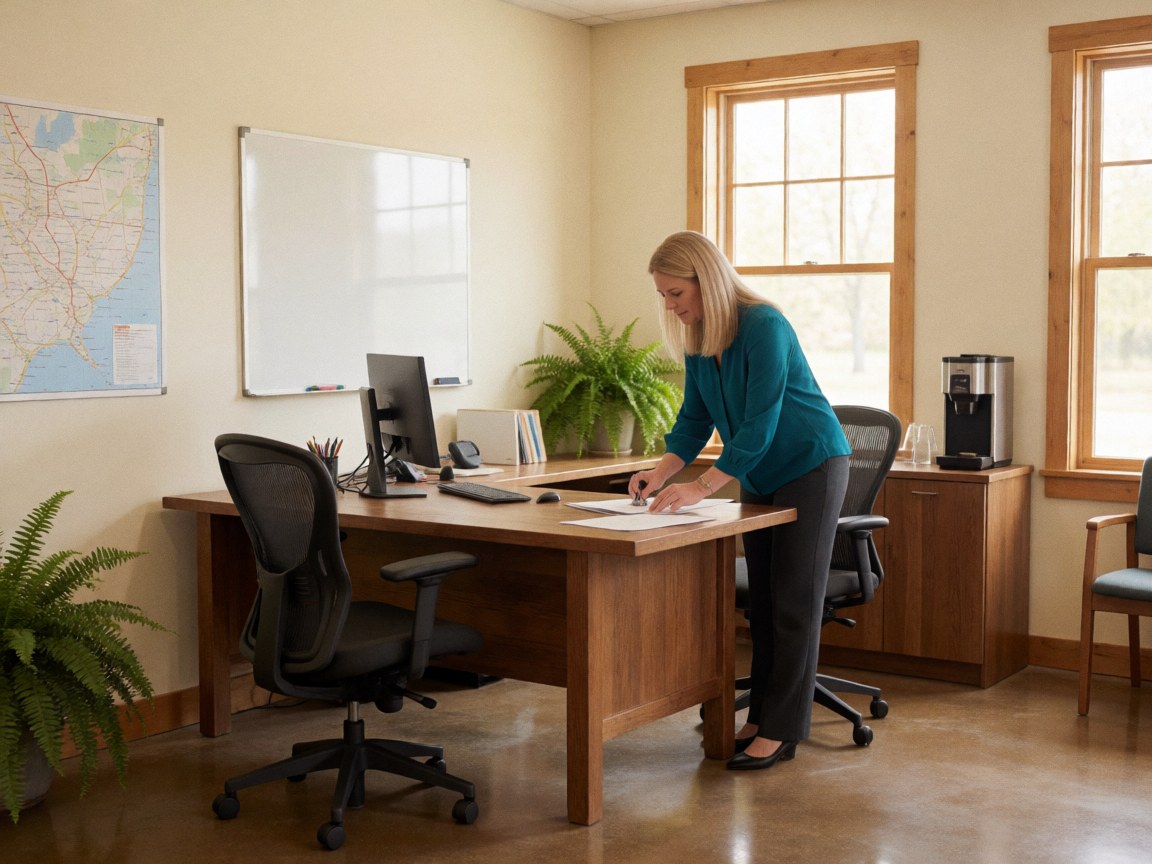 A woman signs documents at a wooden desk in a community office with a map, whiteboard, and plant. Natural light fills the room.