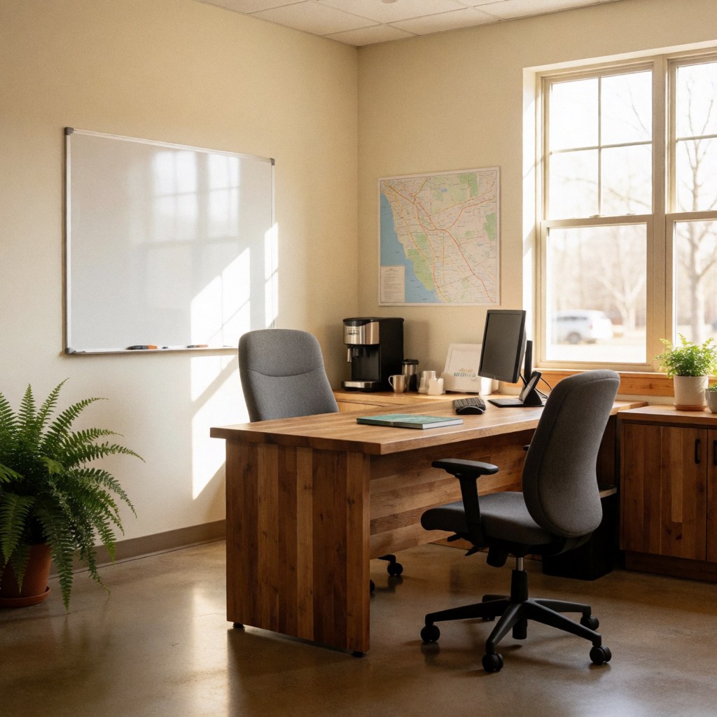 A clean and bright modern community office featuring a wooden desk, chairs, a whiteboard, a potted plant, and a wall map, with no people present.