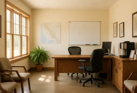 Community office interior featuring a wooden desk, chairs, whiteboard, and plant. Natural light from window. Ideal for nonprofits and support services.