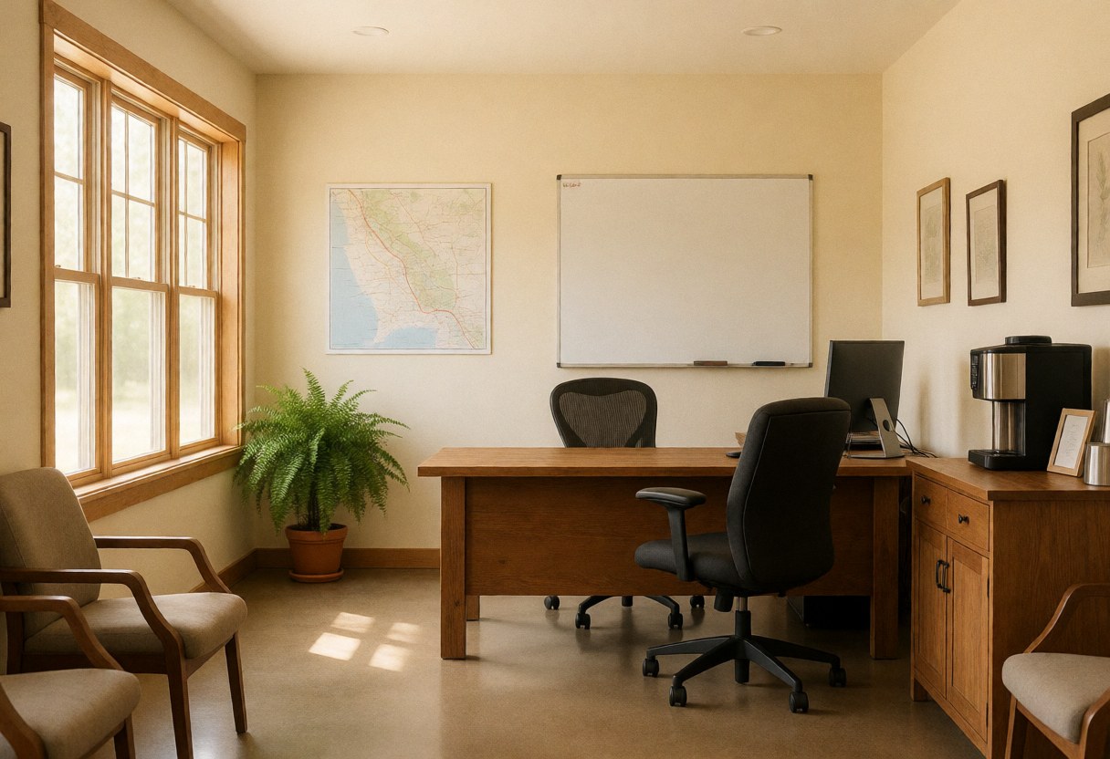 Community office interior featuring a wooden desk, chairs, whiteboard, and plant. Natural light from window. Ideal for nonprofits and support services.