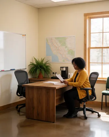 A happy woman sits at a desk in a community office, reading a document with a map and whiteboard visible in the background.