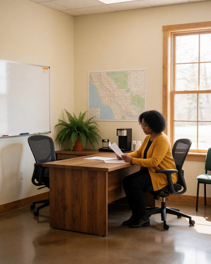 A happy woman sits at a desk in a community office, reading a document with a map and whiteboard visible in the background.