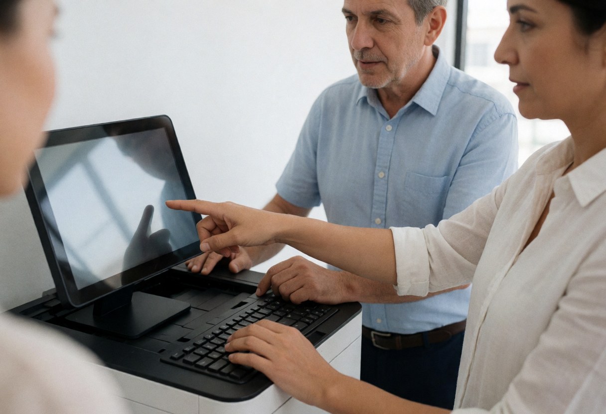 A woman helps a man with a computer in a realistic coworking workspace setting, highlighting collaboration and professional support.