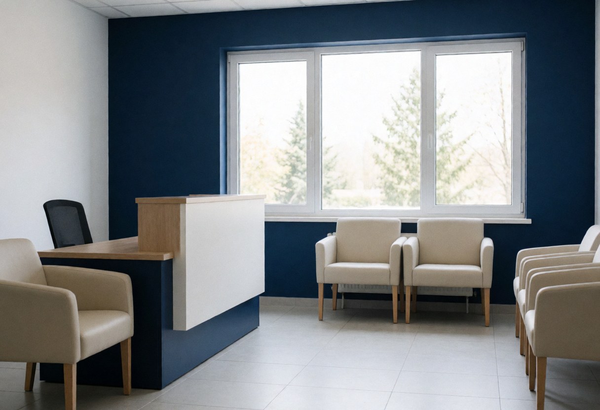 Clean modern driving school reception featuring a counter, waiting chairs, large windows with natural light, blue walls, and white tile floor