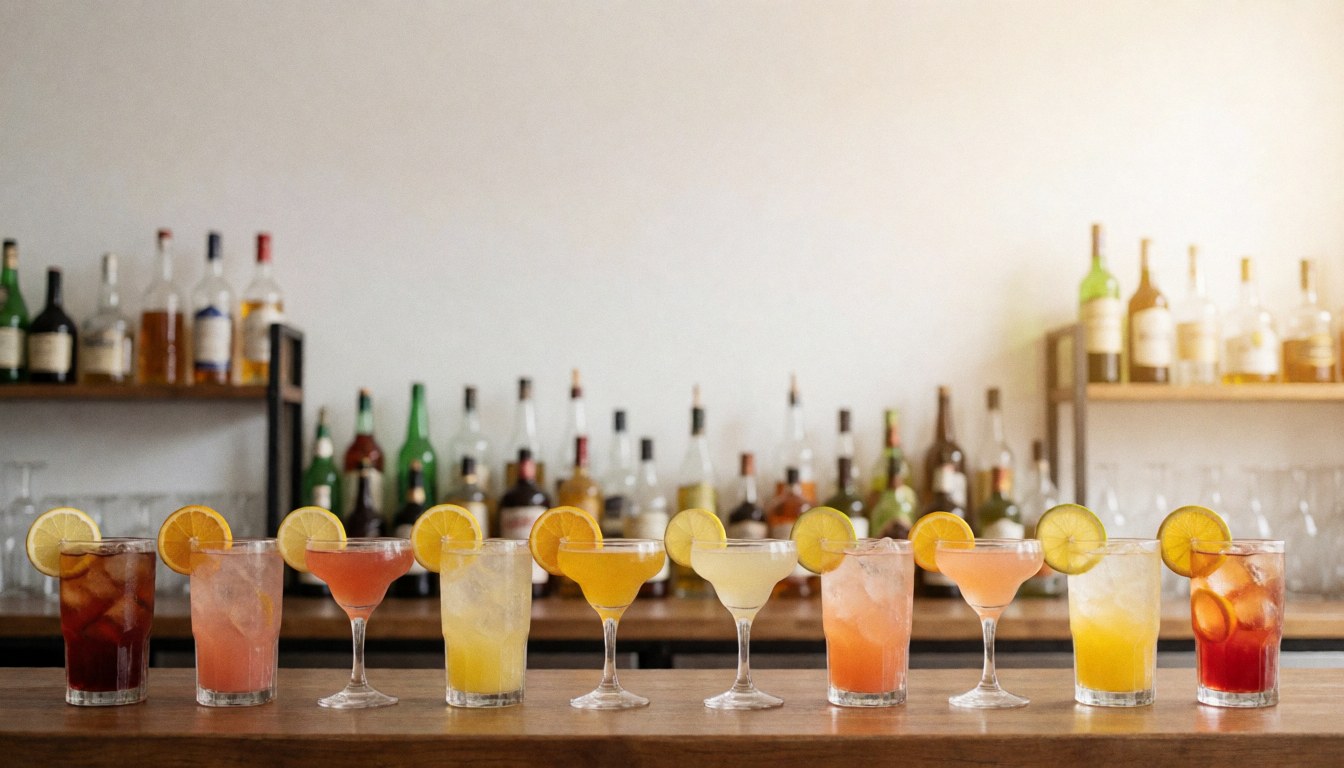 Assorted colorful cocktails served in glasses on a wooden bar counter with citrus slices and bottles in the background