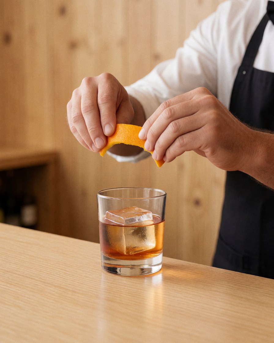 A bartender's hands squeeze a citrus peel over a cocktail glass filled with ice, highlighting the garnish and warm bar lighting.