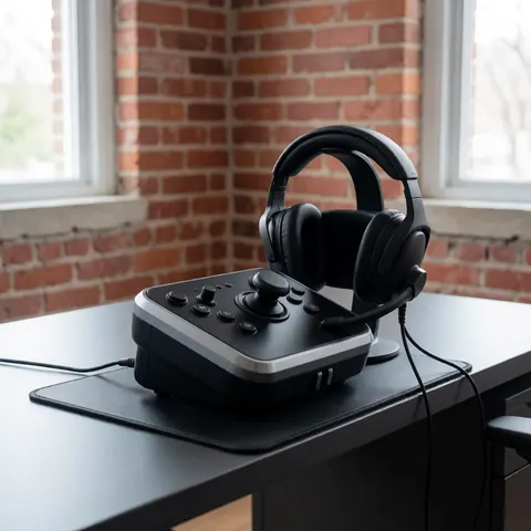 A modern driving simulator setup on a desk with headphones, cables, and a chair in a professional office environment
