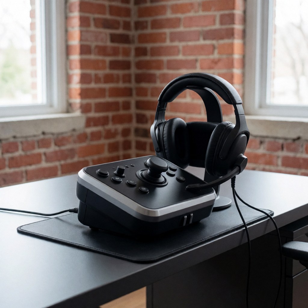 A modern driving simulator setup on a desk with headphones, cables, and a chair in a professional office environment