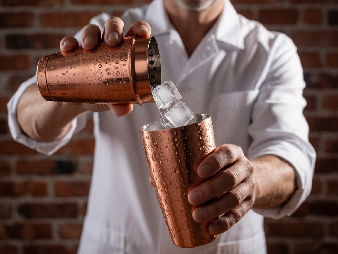 Bartender in white shirt adds ice cubes to a copper shaker with water droplets against a red brick wall with dramatic lighting