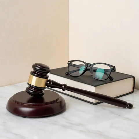 Close-up of a judge gavel, legal book and eyeglasses resting on a polished marble desk with bright lighting against a beige wall