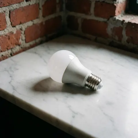 A modern LED light bulb resting on a polished white marble surface with a blurred red brick background, showcasing efficient lighting for electrician product displays.