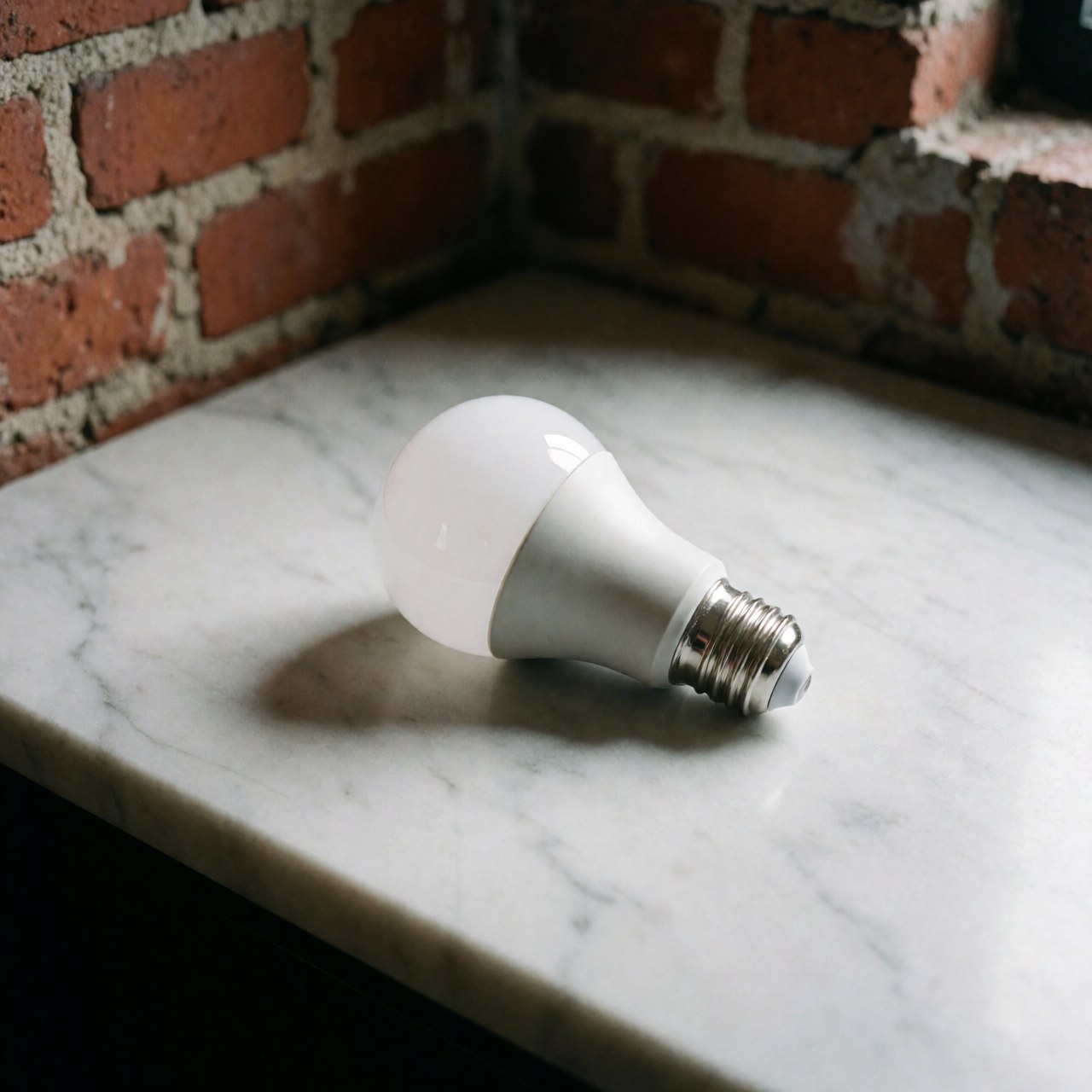 A modern LED light bulb resting on a polished white marble surface with a blurred red brick background, showcasing efficient lighting for electrician product displays.