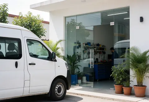 Modern electrician storefront with glass door, parked white van, and worker inside with tools and plants