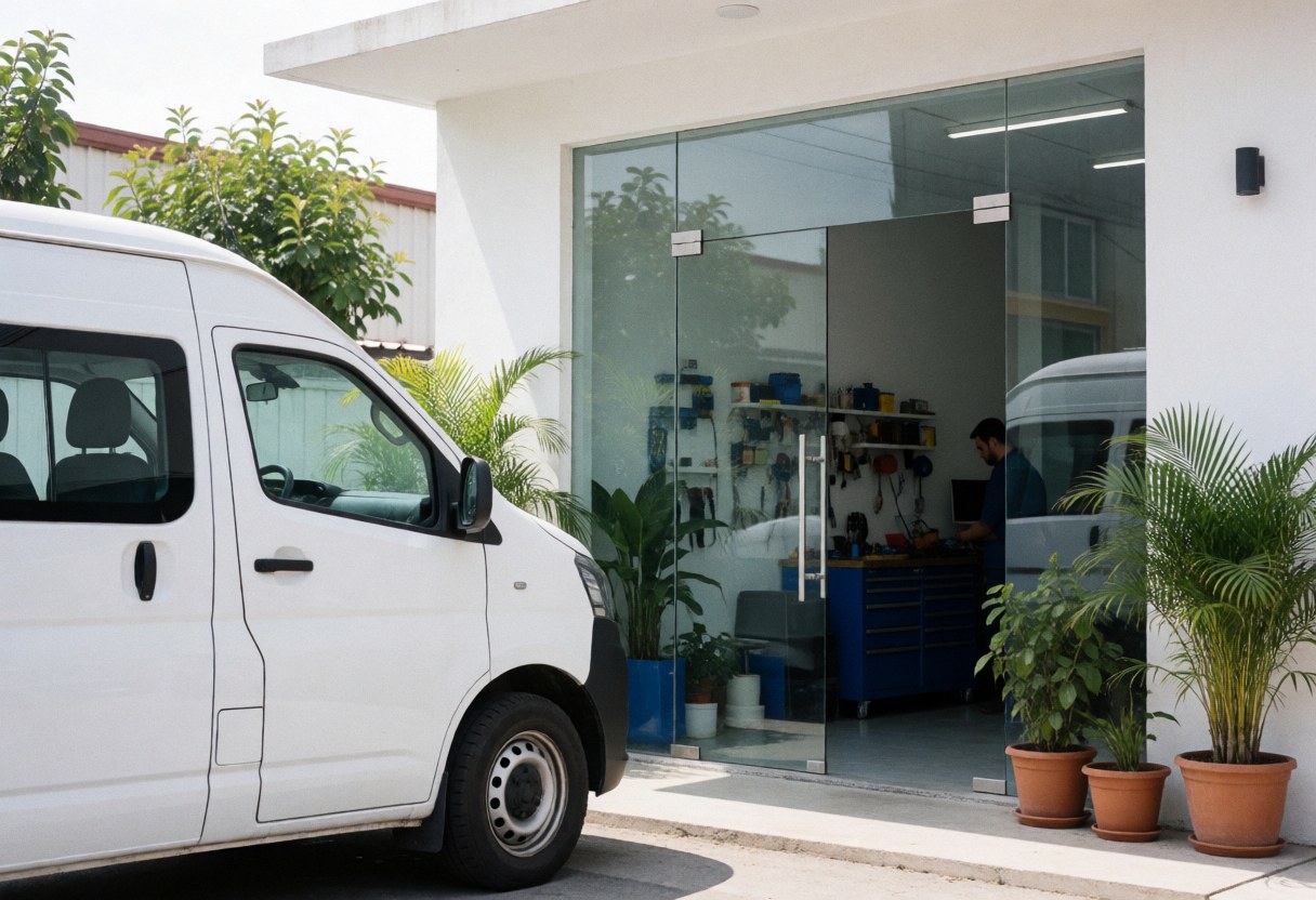 Modern electrician storefront with glass door, parked white van, and worker inside with tools and plants
