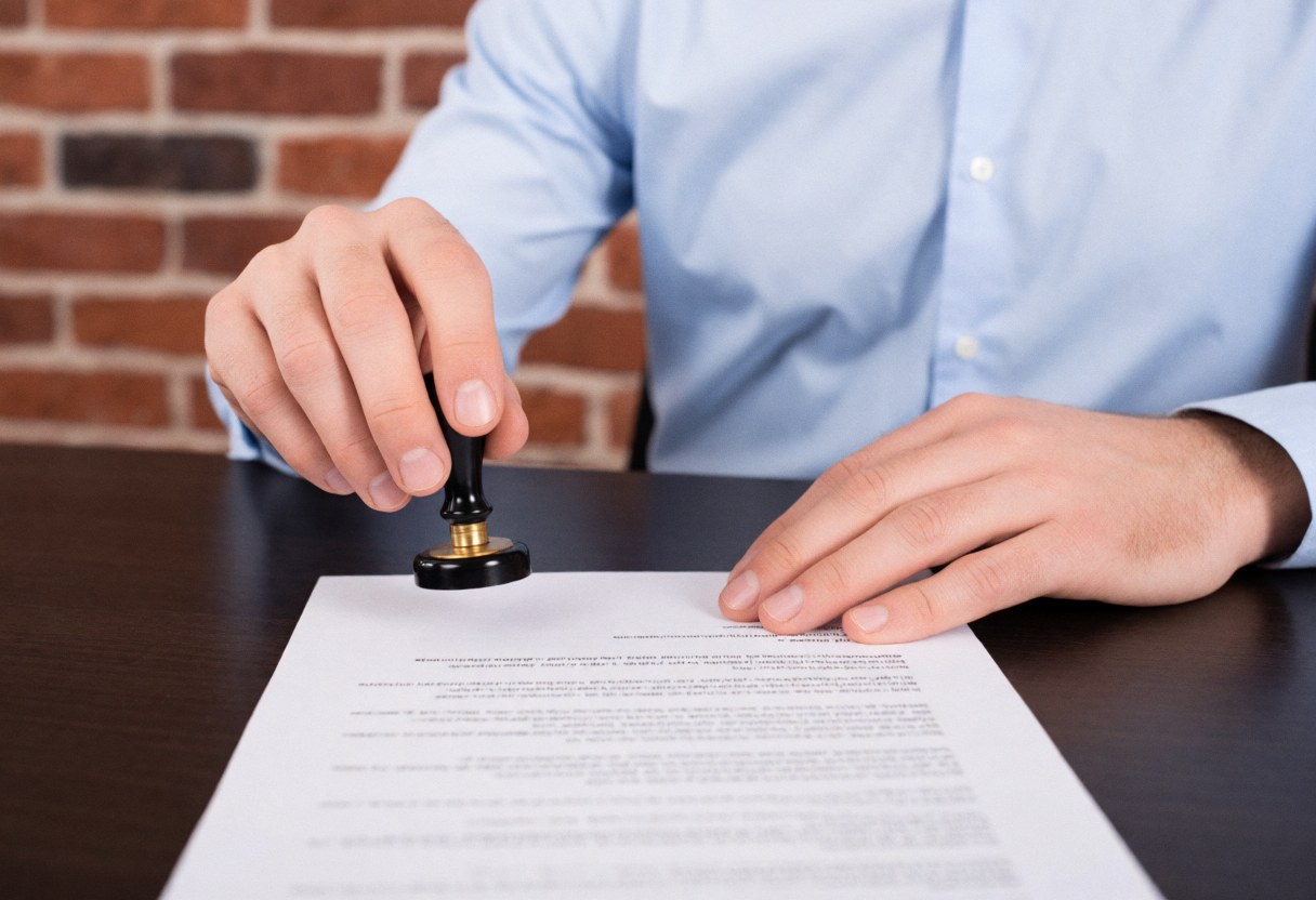Lawyer using a stamp on a legal document at a dark wooden desk with a red brick wall background in a professional office setting