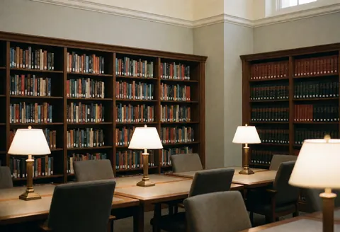 A quiet legal library interior featuring wooden bookshelves filled with law books, work tables, chairs, and warm desk lamps creating a professional atmosphere for a law firm.