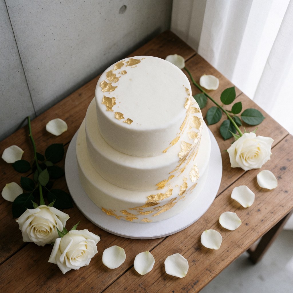 Three-tier white fondant wedding cake with gold details, white roses and petals on a wooden table with soft lighting and concrete background