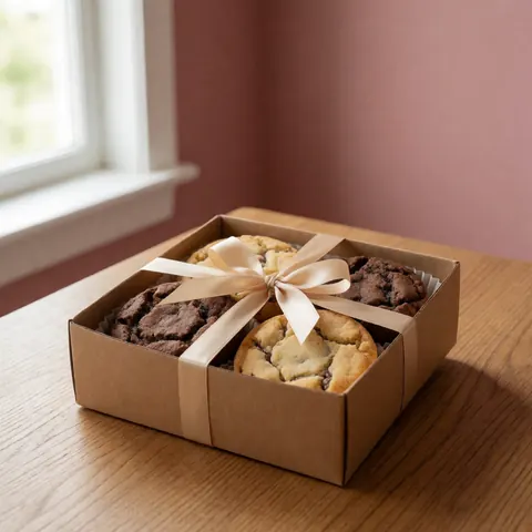 Gourmet cookie box with beige ribbon on wooden table near window with natural light and pink wall for catering business