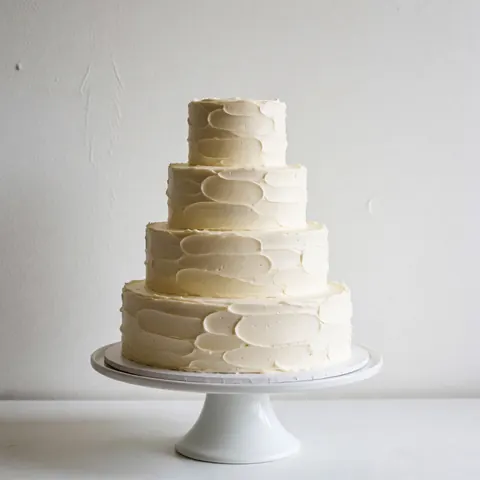 A minimalist elegant white wedding cake with smooth frosting displayed on a white pedestal against a clean white background.