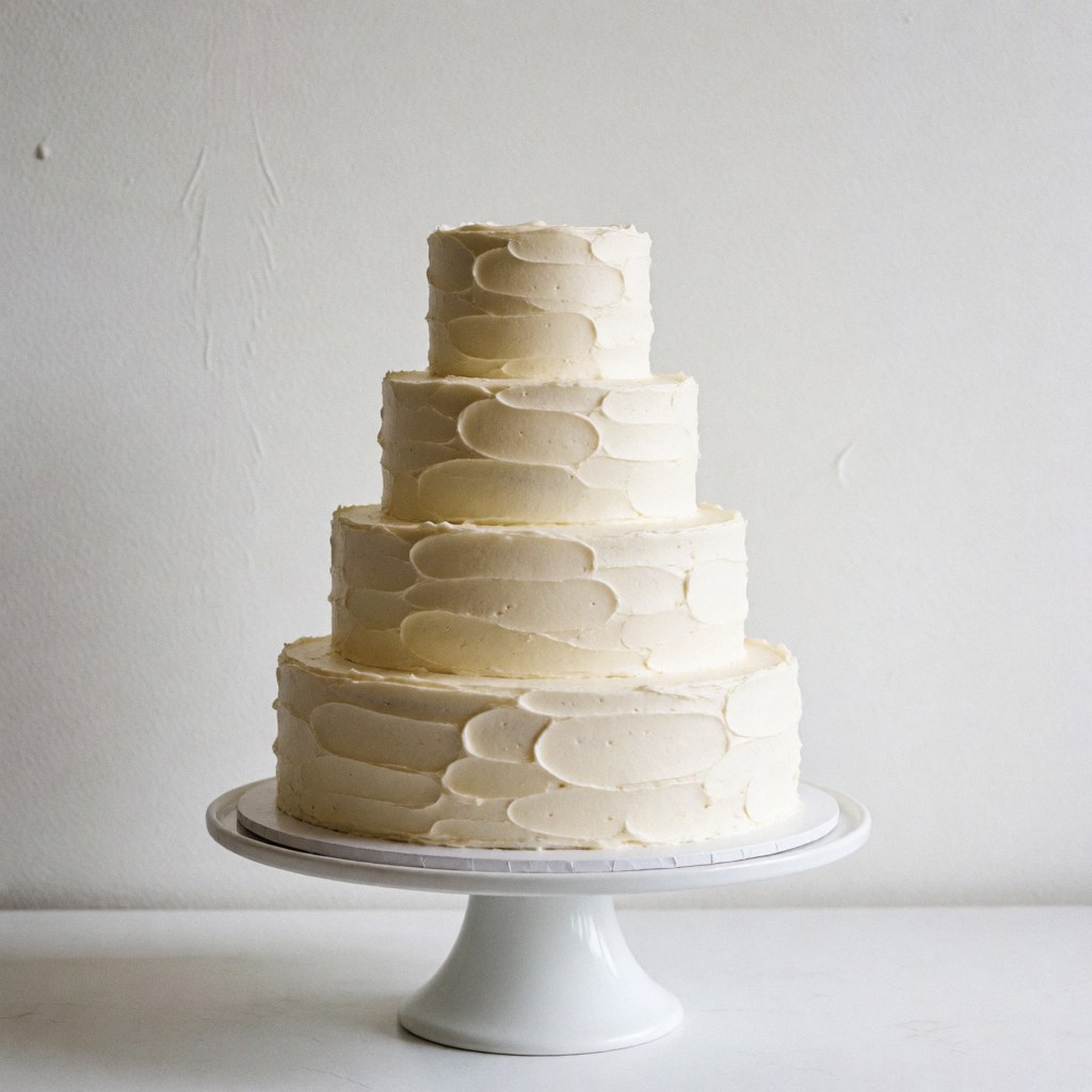 A minimalist elegant white wedding cake with smooth frosting displayed on a white pedestal against a clean white background.