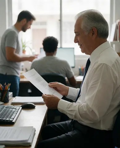 Senior man reviewing contract documents at desk with natural light and colleagues in background