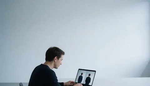 Professional photographer reviewing images on a laptop in a minimalist studio with white walls and cool tones, with ample copy space at the top for website text.