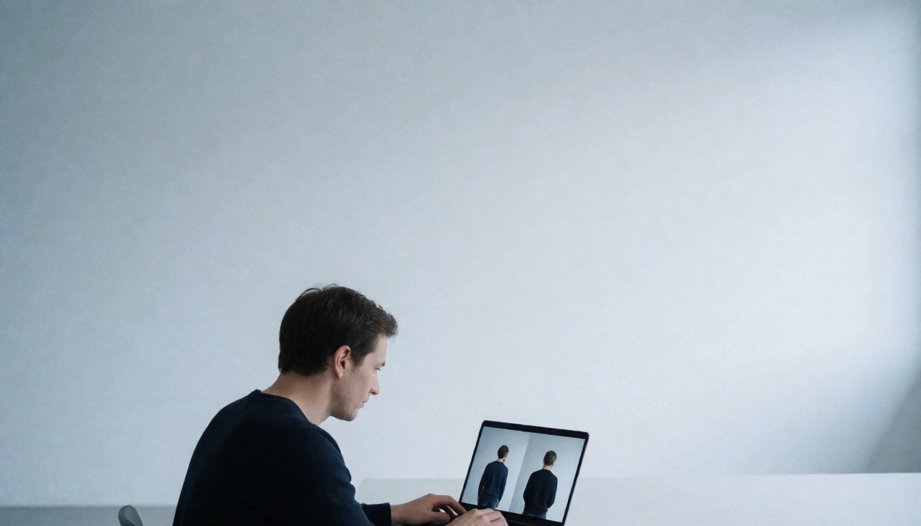 Professional photographer reviewing images on a laptop in a minimalist studio with white walls and cool tones, with ample copy space at the top for website text.